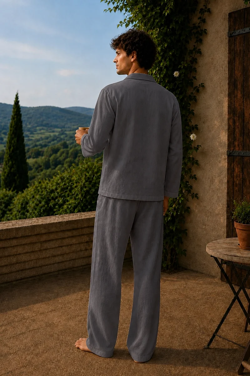 Conjunto de pijama para hombre de manga larga en lino gris plomo - Diego