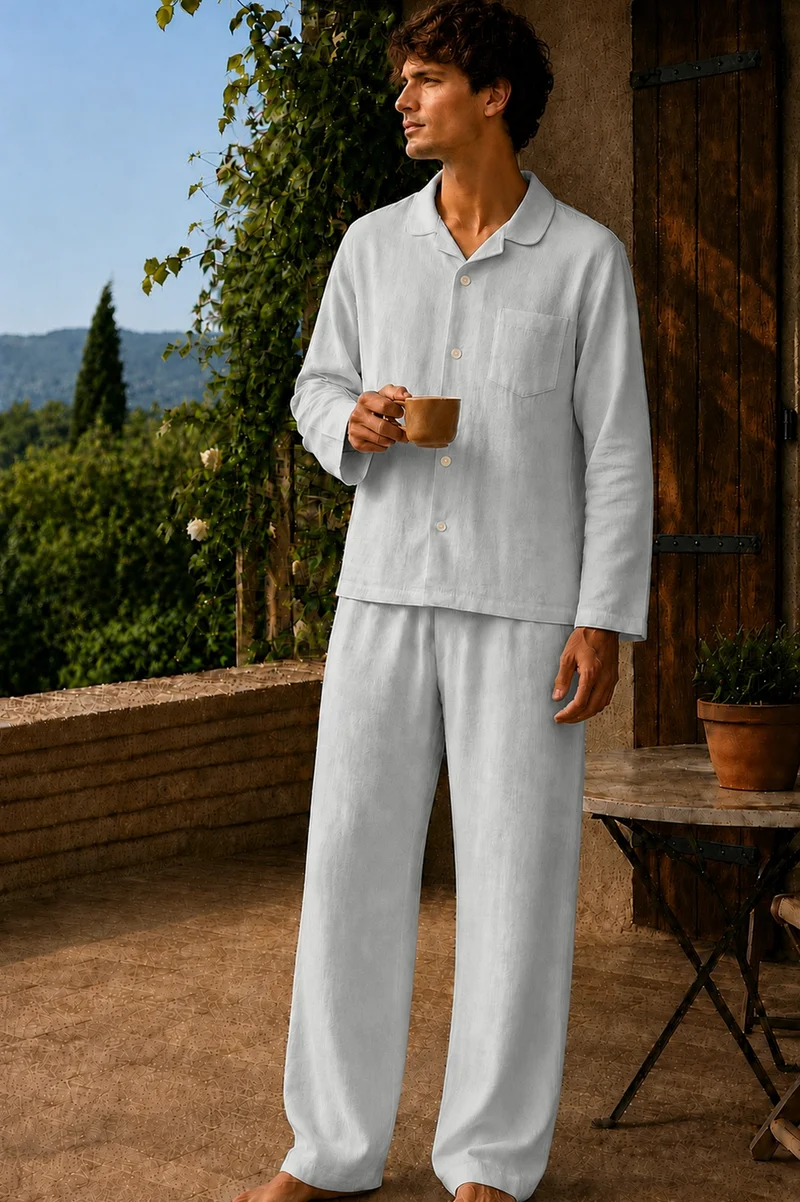 Conjunto de pijama para hombre de manga larga en lino gris mineral- Diego