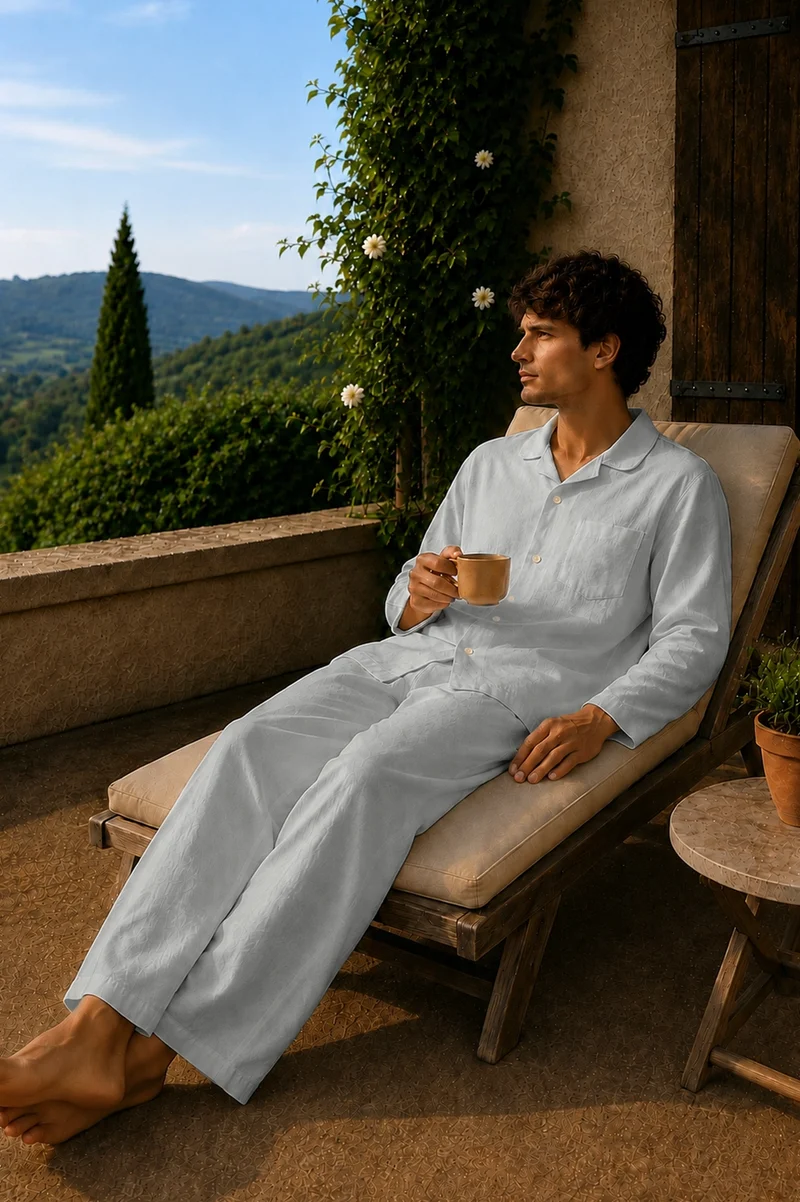 Conjunto de pijama para hombre de manga larga en lino gris mineral- Diego
