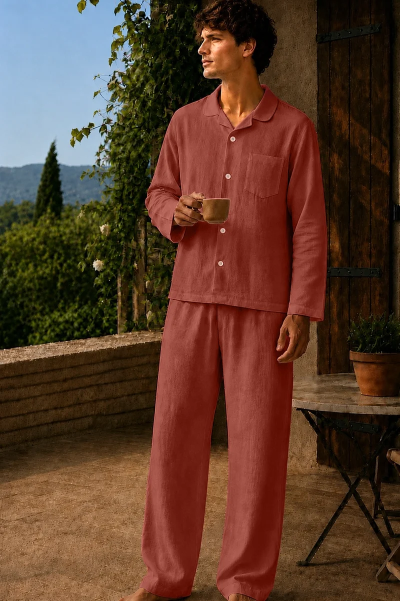 Conjunto de pijama para hombre de manga larga en lino ladrillo - Diego