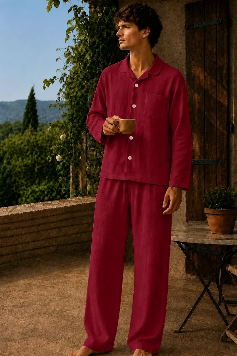 Conjunto de pijama para hombre de manga larga en lino burdeos- Diego