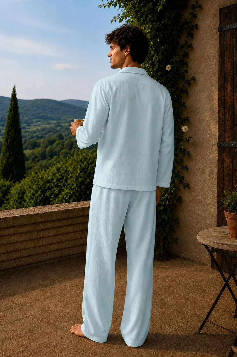 Conjunto de pijama para hombre de manga larga en lino azul glaciar - Diego