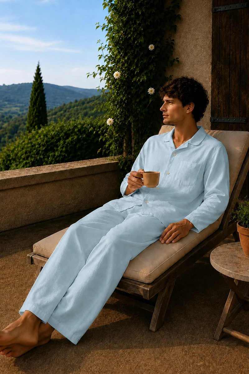 Conjunto de pijama para hombre de manga larga en lino azul glaciar - Diego