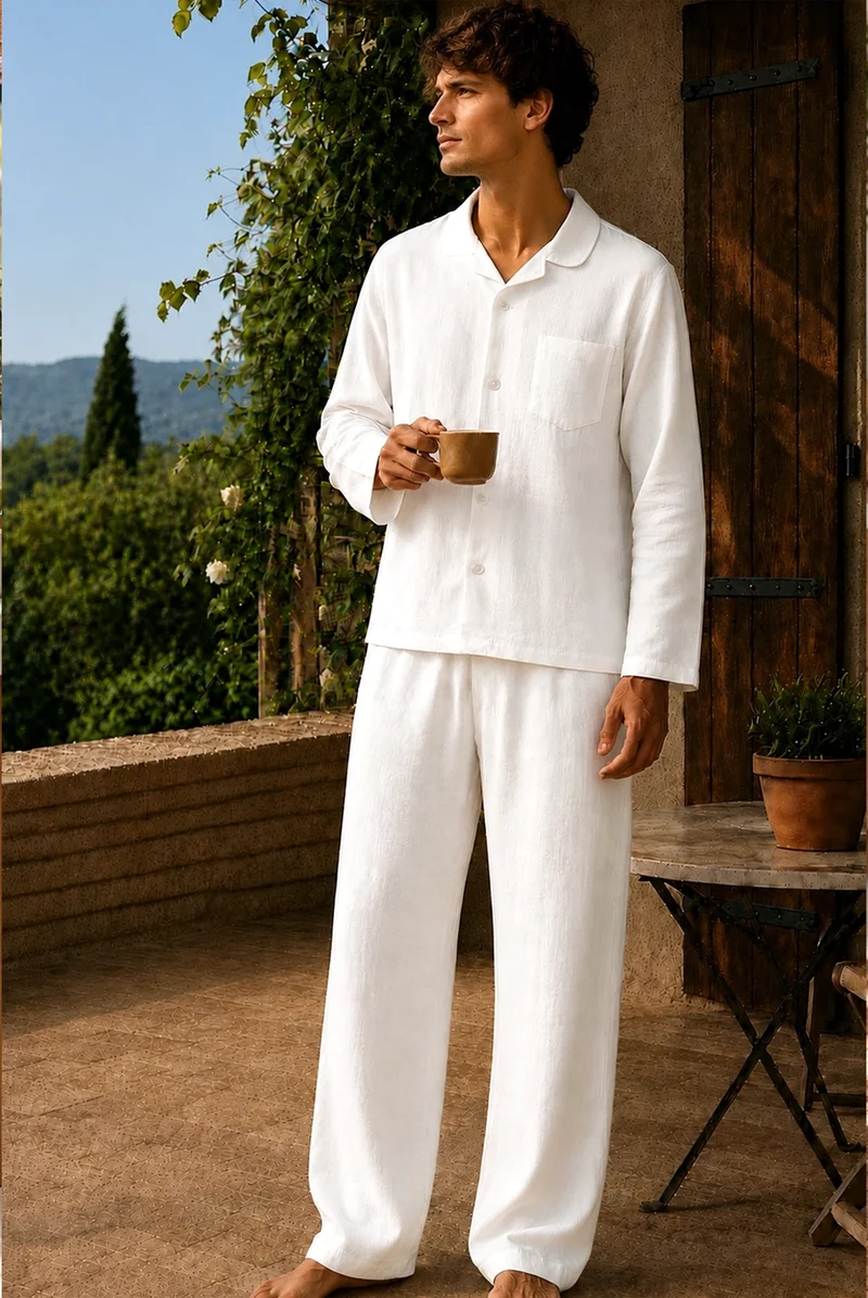 Conjunto de pijama para hombre de manga larga en lino blanco óptico - Diego