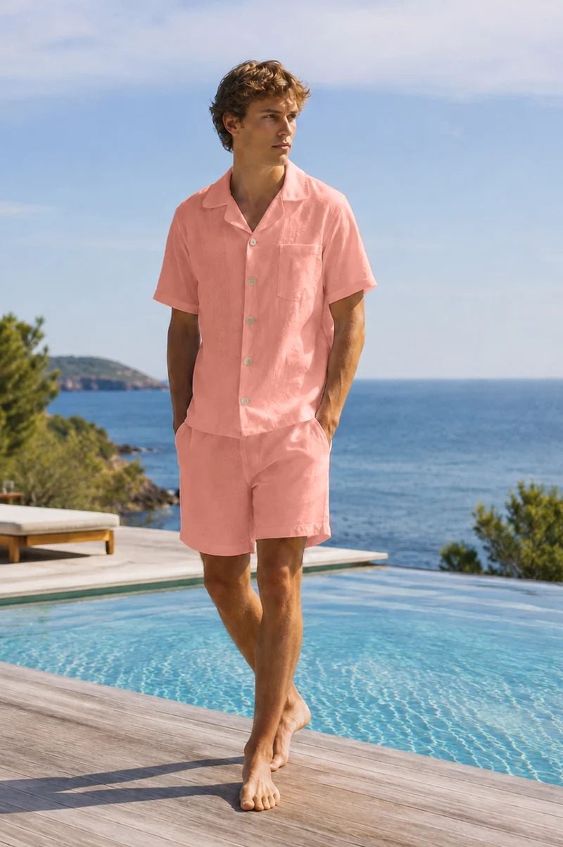 Conjunto de pijama corto para hombre en lino rosa - Emanuel