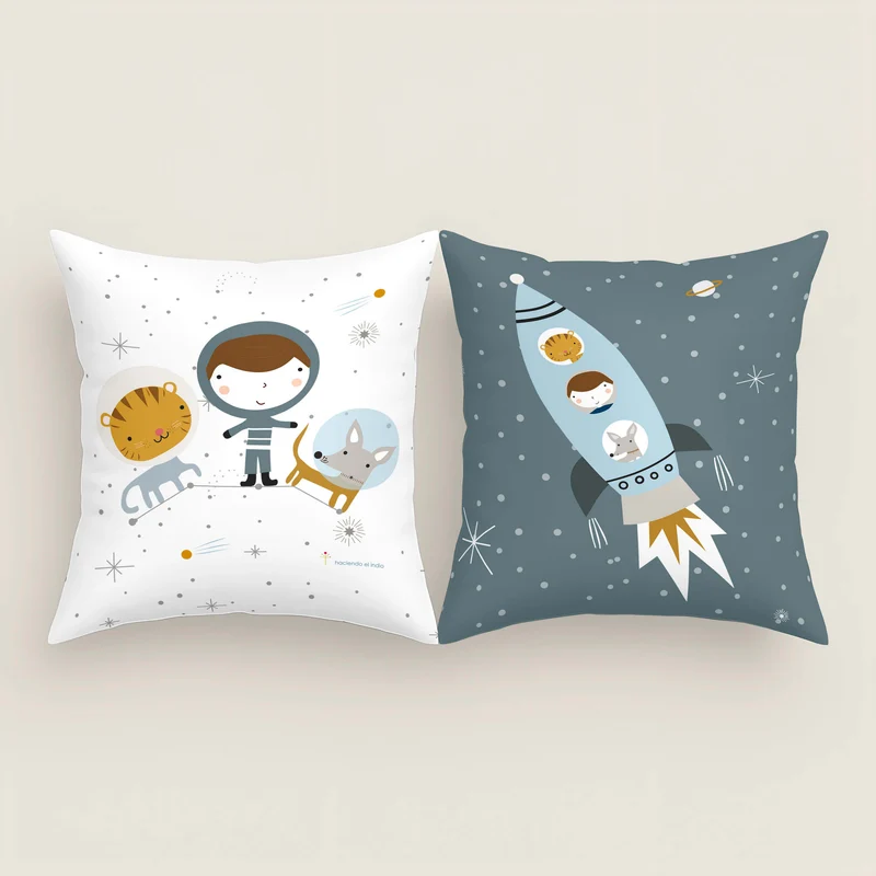 FUNDA DE COJÍN INFANTIL ESTAMPADO VIAJE ESPACIAL 100% ALGODÓN