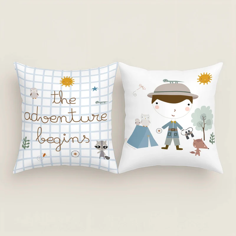 FUNDA DE COJÍN INFANTIL ESTAMPADO AVENTURA BOSQUE 100% ALGODÓN