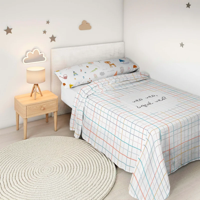 JUEGO SÁBANAS ESTAMPADAS INFANTIL VEO VEO A 100% ALGODÓN