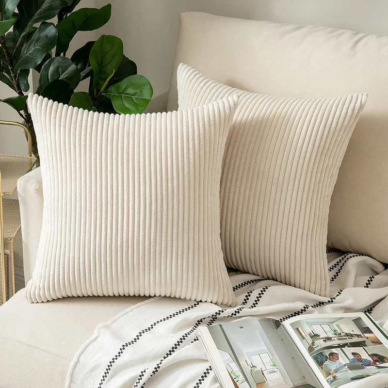 Funda de Cojines de Pana a Rayas Funda de Almohada Cuadrado Suave Decoración Moderna para Sofá Silla Habitación Cama Salón 45x45cm Beige