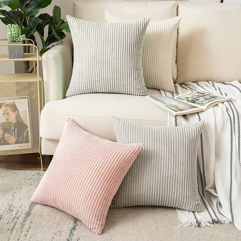 Funda de Cojines de Pana a Rayas Funda de Almohada Cuadrado Suave Decoración Moderna para Sofá Silla Habitación Cama Salón 45x45cm Beige