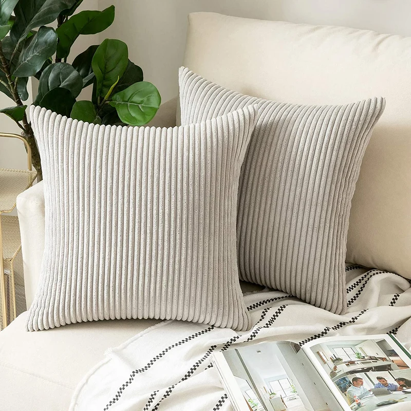 Funda de Cojines de Pana a Rayas Funda de Almohada Cuadrado Suave Decoración Moderna para Sofá Silla Habitación Cama Salón 45x45cm Beige