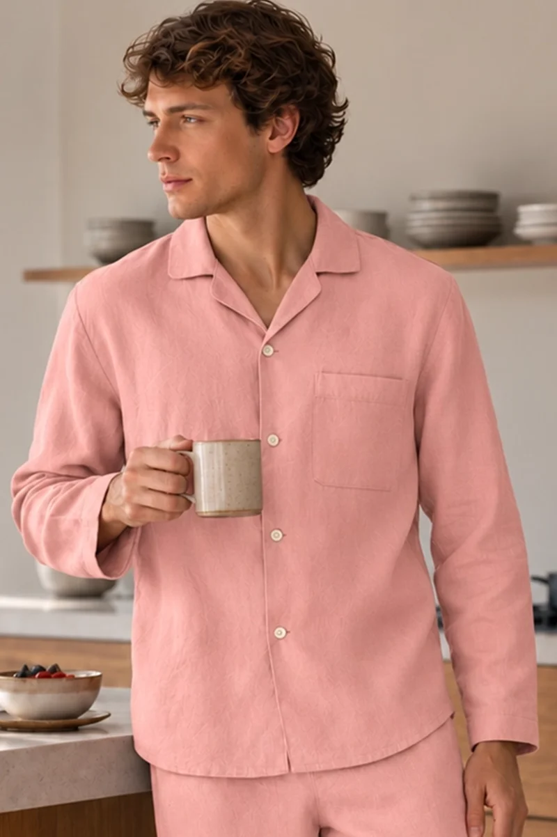 Camisa de pijama de manga larga en lino rosa - Ronaldo