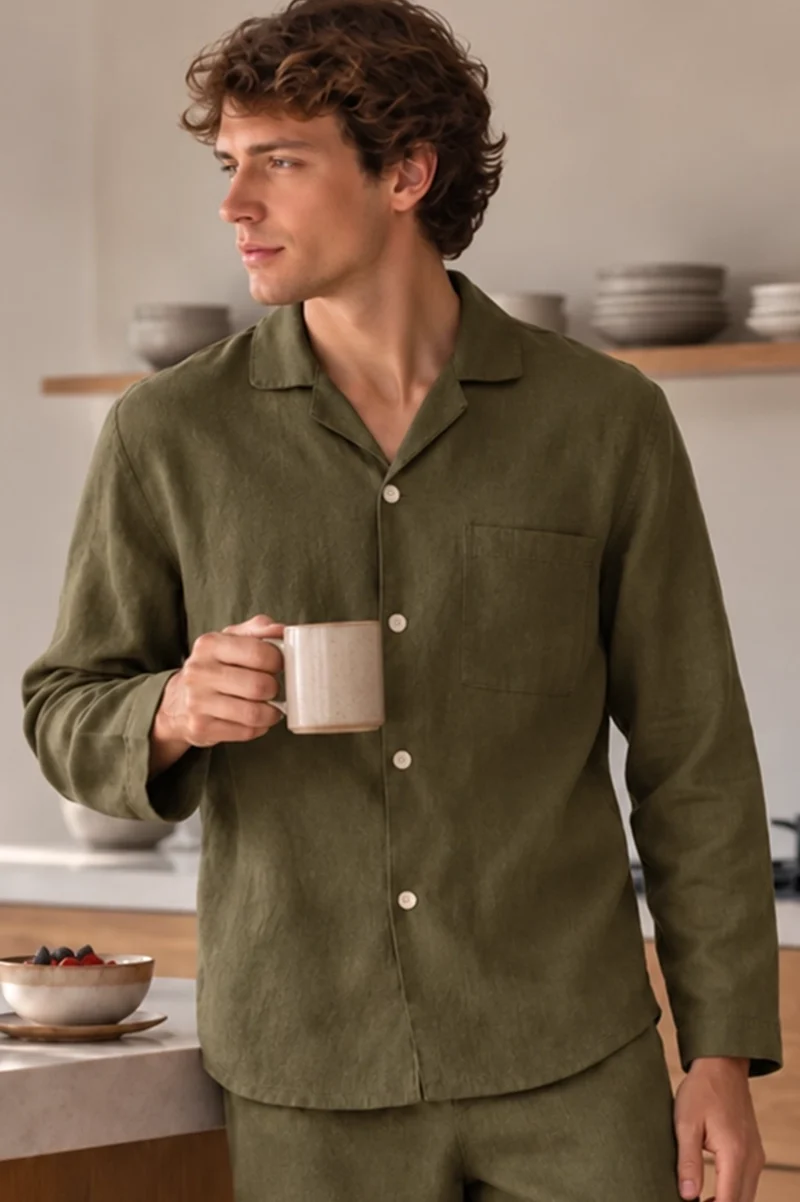 Camisa de pijama de manga larga en lino verde oliva - Ronaldo