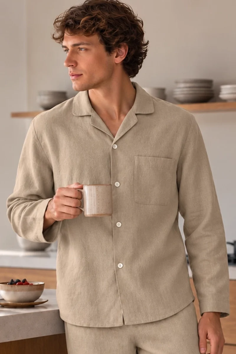 Camisa de pijama para hombre de manga longa en lino natural - Ronaldo