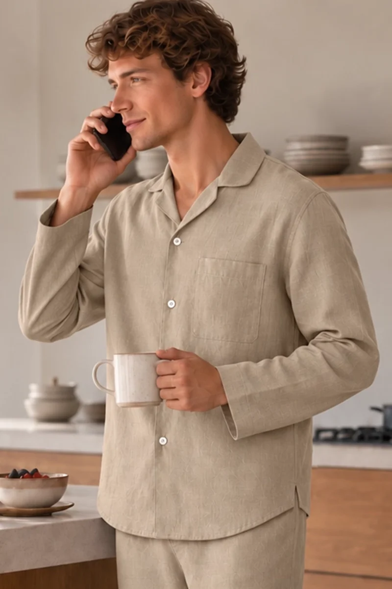 Camisa de pijama para hombre de manga longa en lino natural - Ronaldo