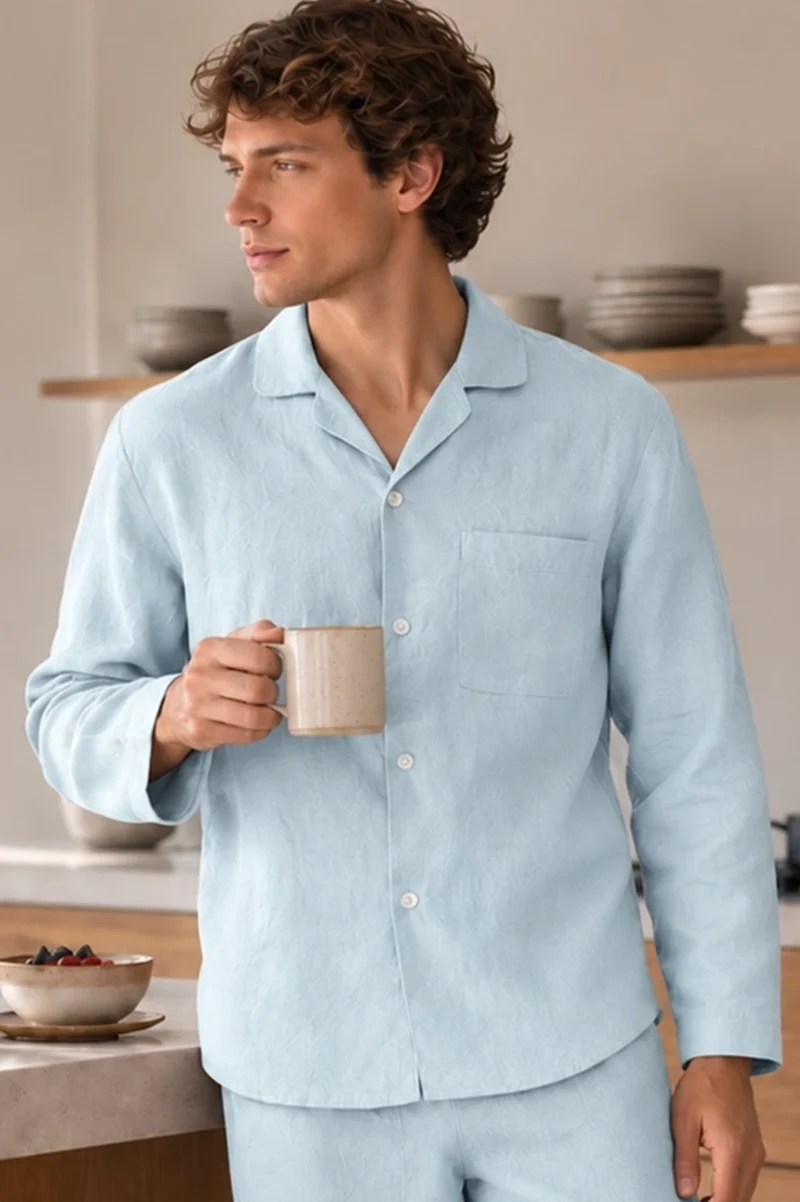 Camisa de pijama de manga larga en lino azul glaciar - Ronaldo