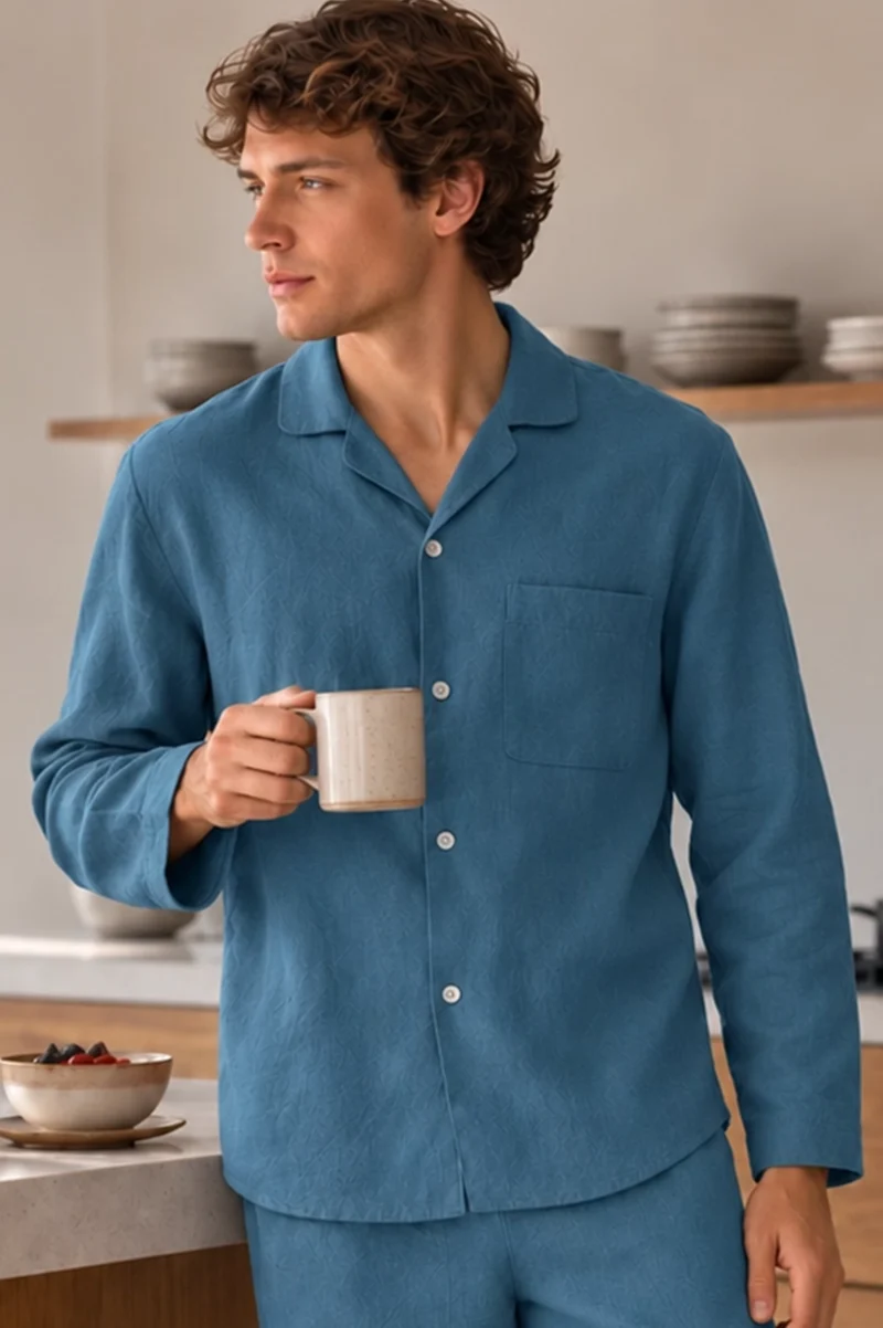 Camisa de pijama de manga larga en lino azul francés - Ronaldo