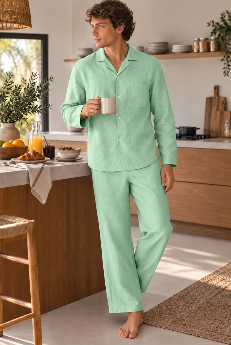 Conjunto de pijama largo para hombre en lino verde menta - Ronaldo