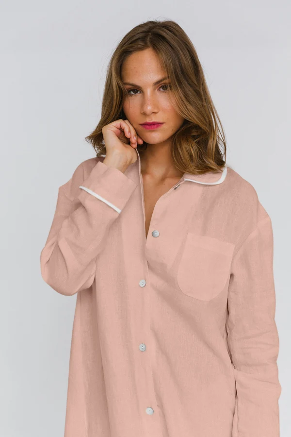 Camisa de noche de manga larga en lino rosa - Mel