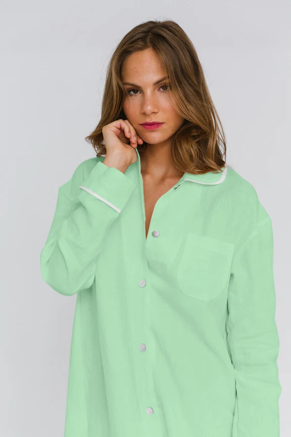 Camisa de noche de manga larga en lino verde menta - Mel