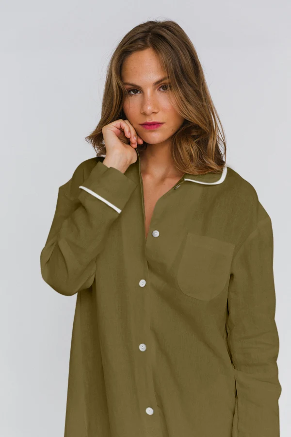 Camisa de noche de manga larga en lino verde oliva - Mel