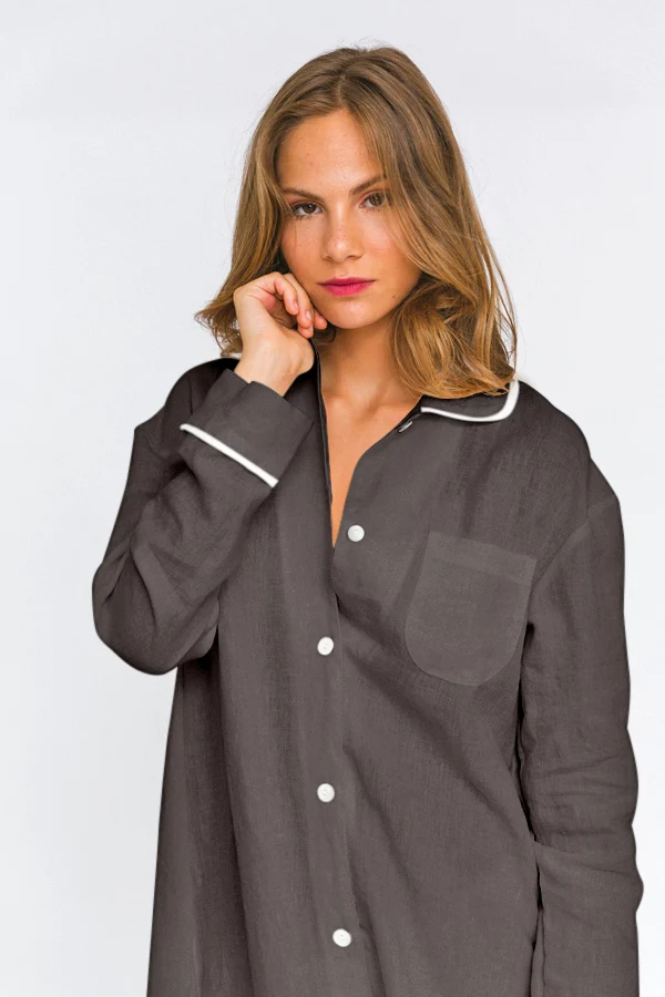 Camisa de noche de manga larga en lino gris plomo - Mel
