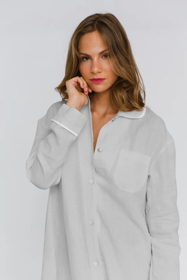 Camisa de noche de manga larga en lino gris mineral - Mel