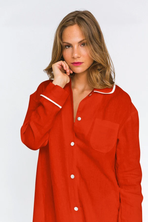 Camisa de noche de manga larga en lino coral - Mel