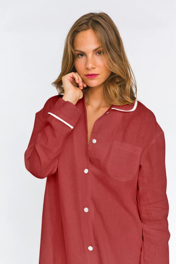 Camisa de noche de manga larga en lino ladrillo - Mel