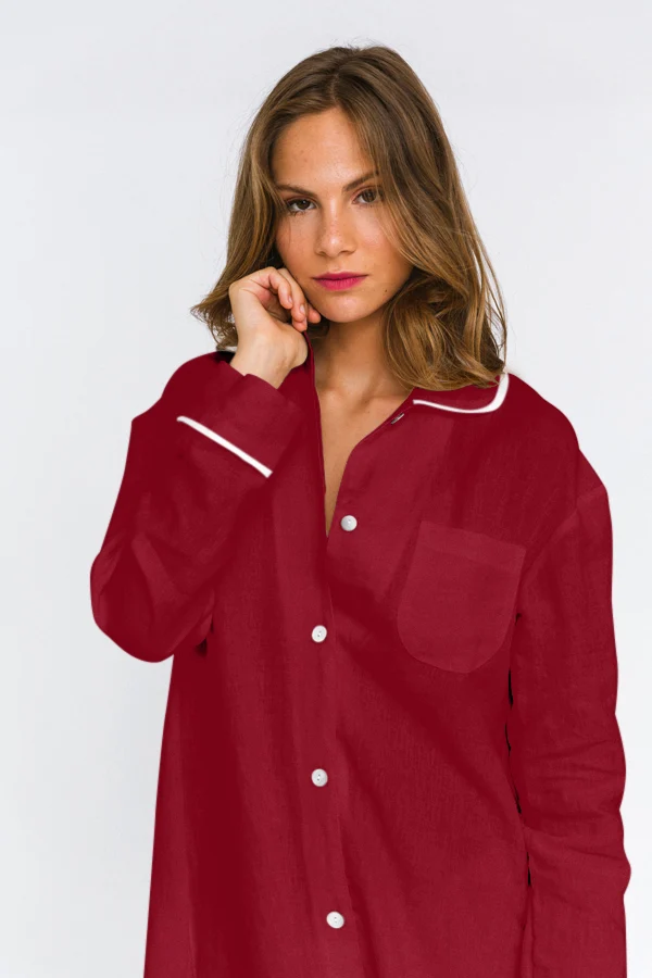 Camisa de noche de manga larga en lino burdeos - Mel