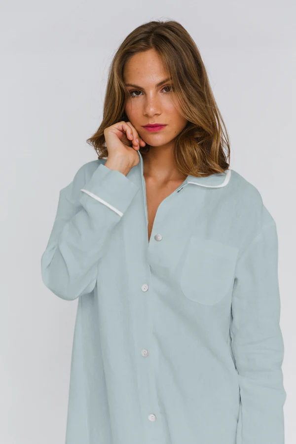 Camisa de noche de manga larga en lino azul glaciar - Mel