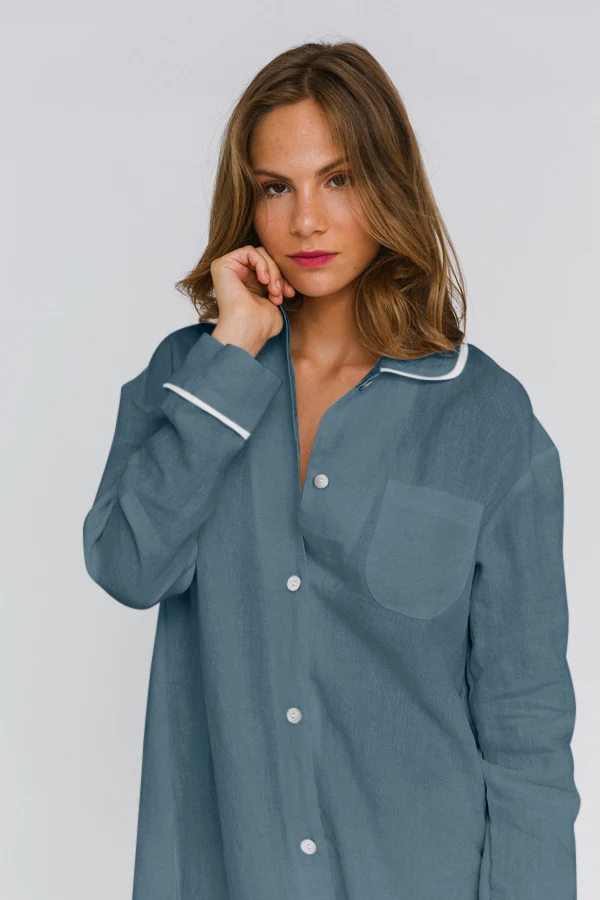 Camisa de noche de manga larga en lino azul francés - Mel