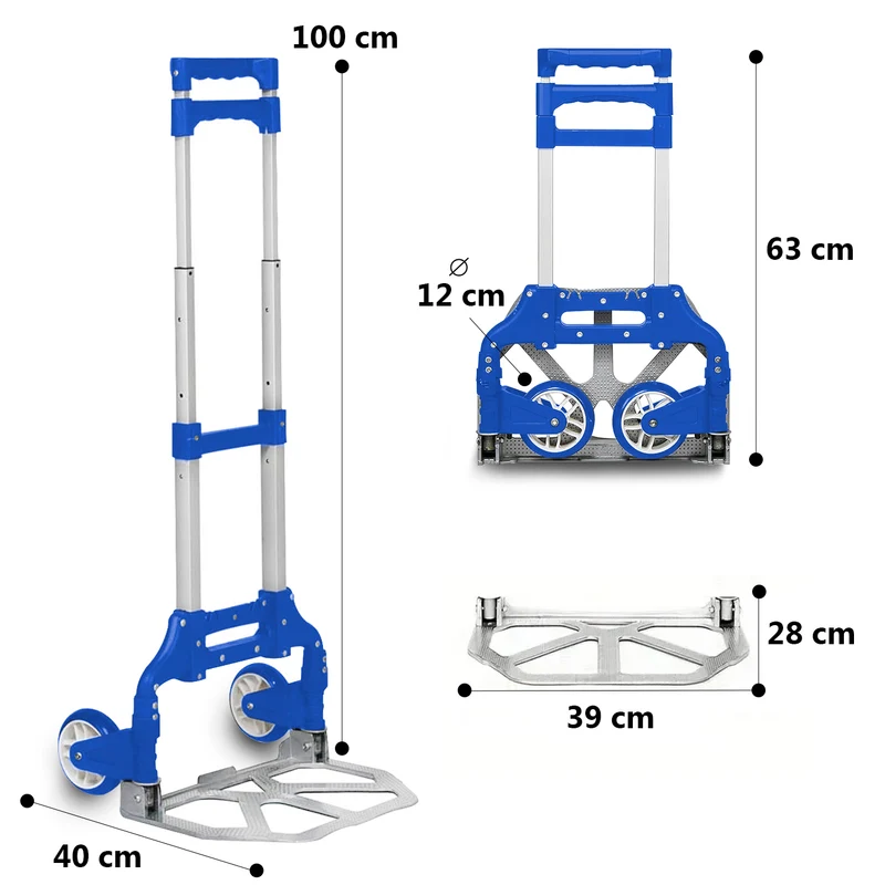 Carretilla Plegable de Aluminio+Cuerda, Soporta hasta 70KG- Azul