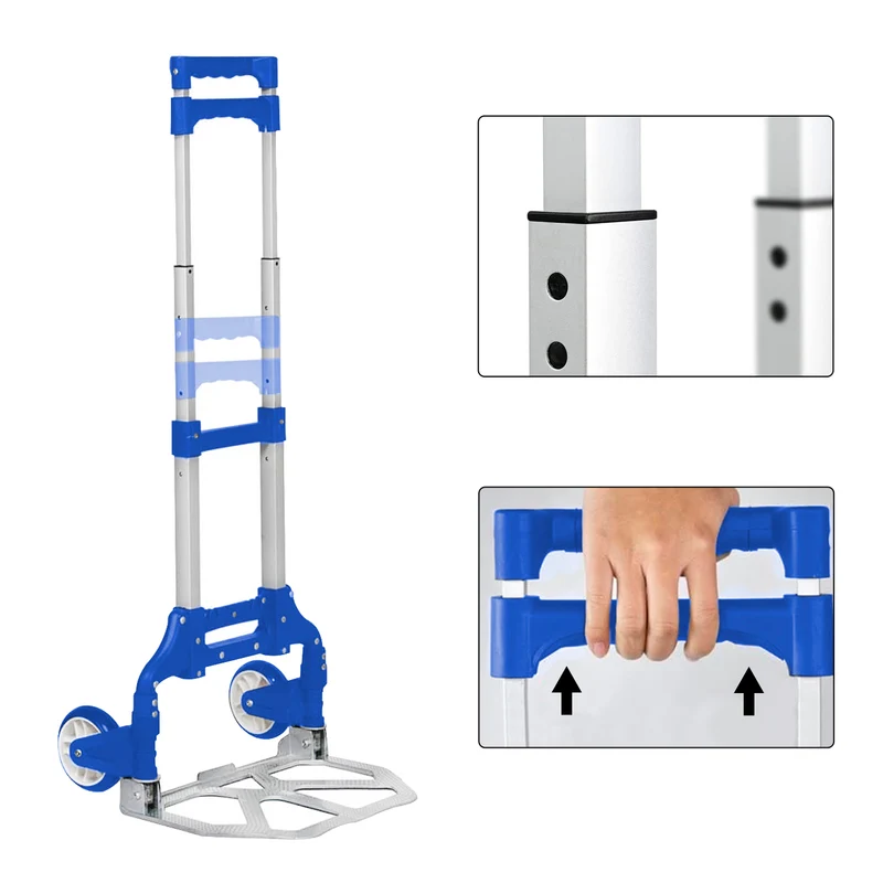 Carretilla Plegable de Aluminio+Cuerda, Soporta hasta 70KG- Azul