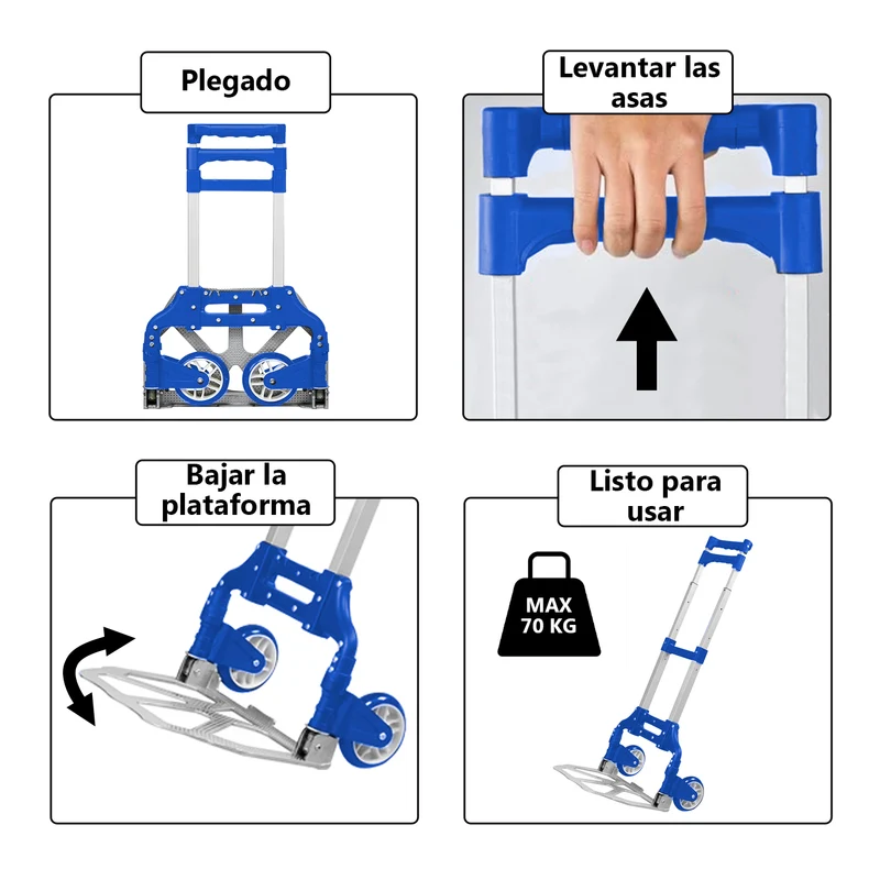 Carretilla Plegable de Aluminio+Cuerda, Soporta hasta 70KG- Azul