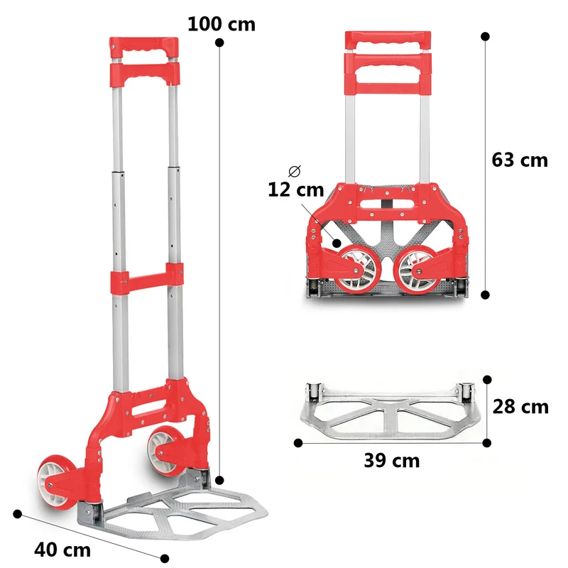 Carretilla Plegable de Aluminio+Cuerda, Soporta hasta 70KG- Rojo