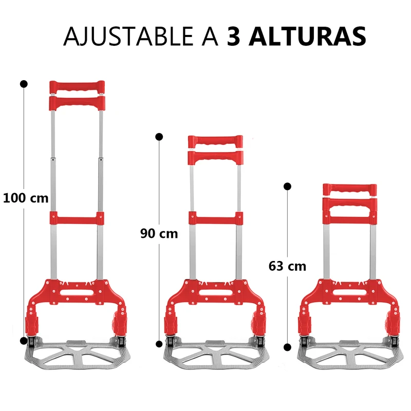 Carretilla Plegable de Aluminio+Cuerda, Soporta hasta 70KG- Rojo
