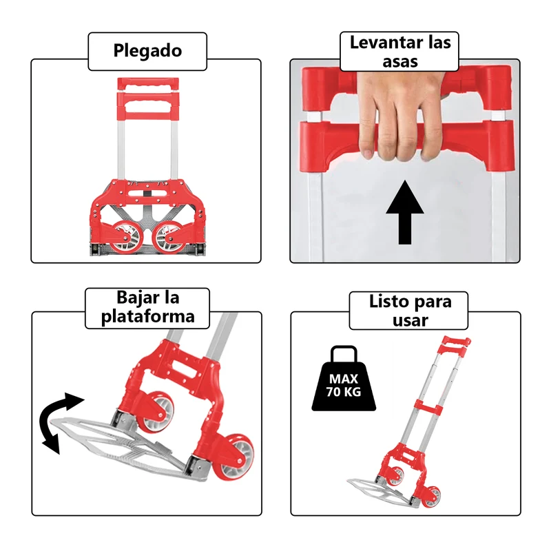 Carretilla Plegable de Aluminio+Cuerda, Soporta hasta 70KG- Rojo