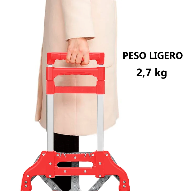 Carretilla Plegable de Aluminio+Cuerda, Soporta hasta 70KG- Rojo