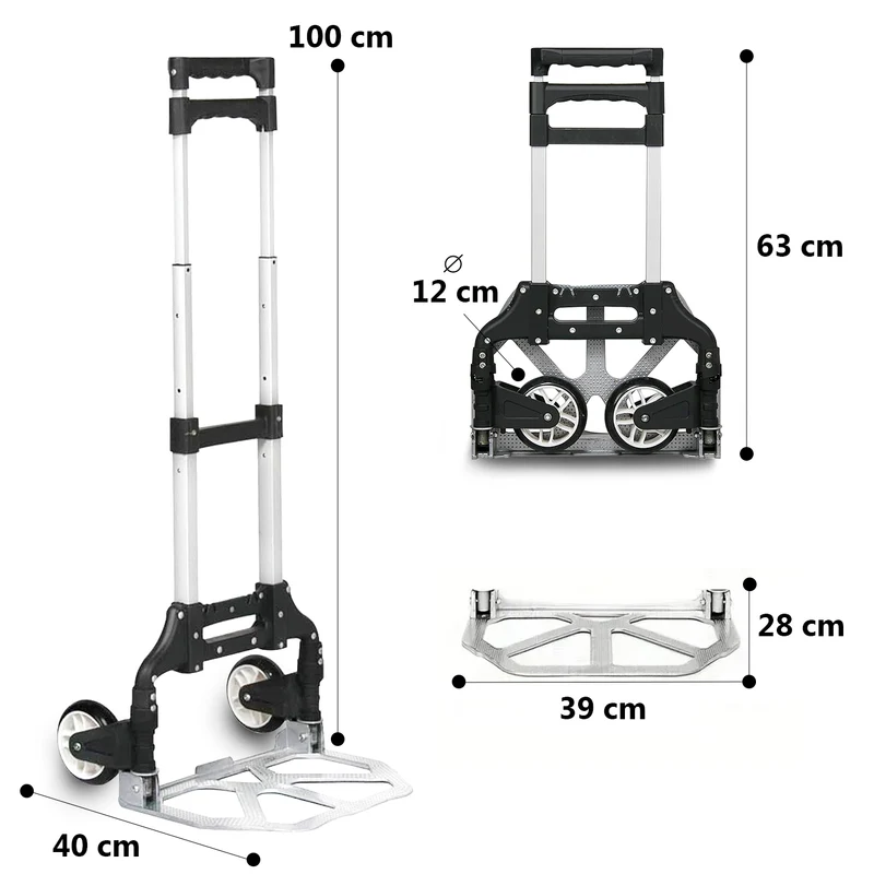 Carretilla Plegable de Aluminio+Cuerda, Soporta hasta 70KG- Negro