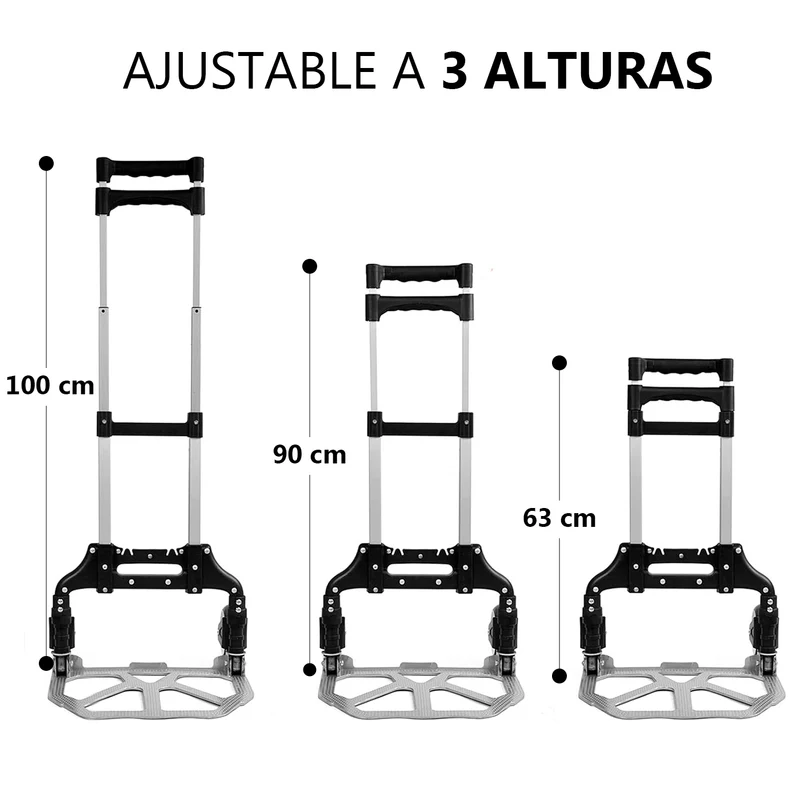 Carretilla Plegable de Aluminio+Cuerda, Soporta hasta 70KG- Negro