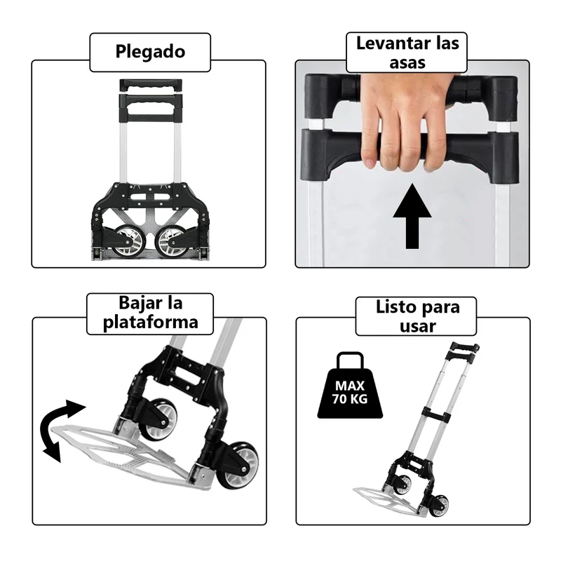 Carretilla Plegable de Aluminio+Cuerda, Soporta hasta 70KG- Negro