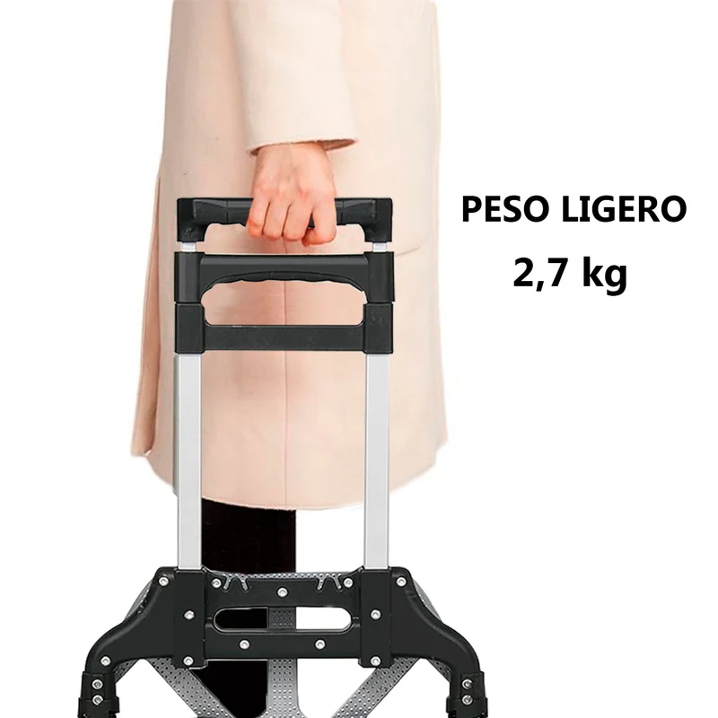 Carretilla Plegable de Aluminio+Cuerda, Soporta hasta 70KG- Negro