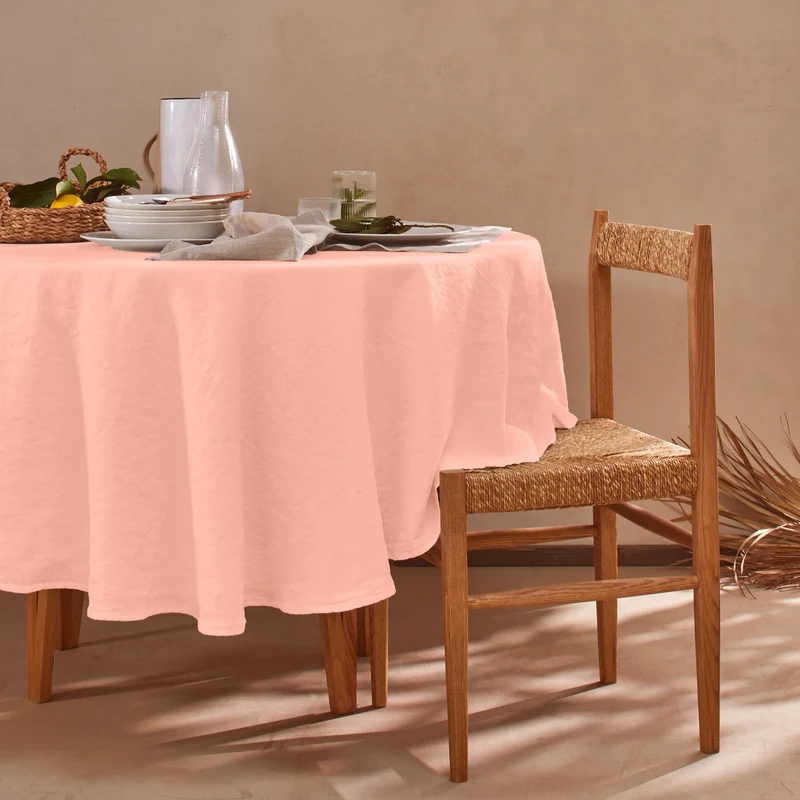 Mantel redondo de lino lavado rosa