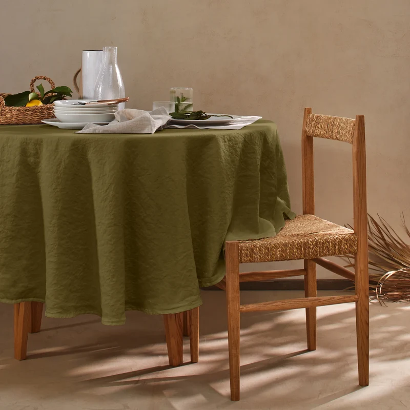 Mantel redondo de lino lavado verde oliva