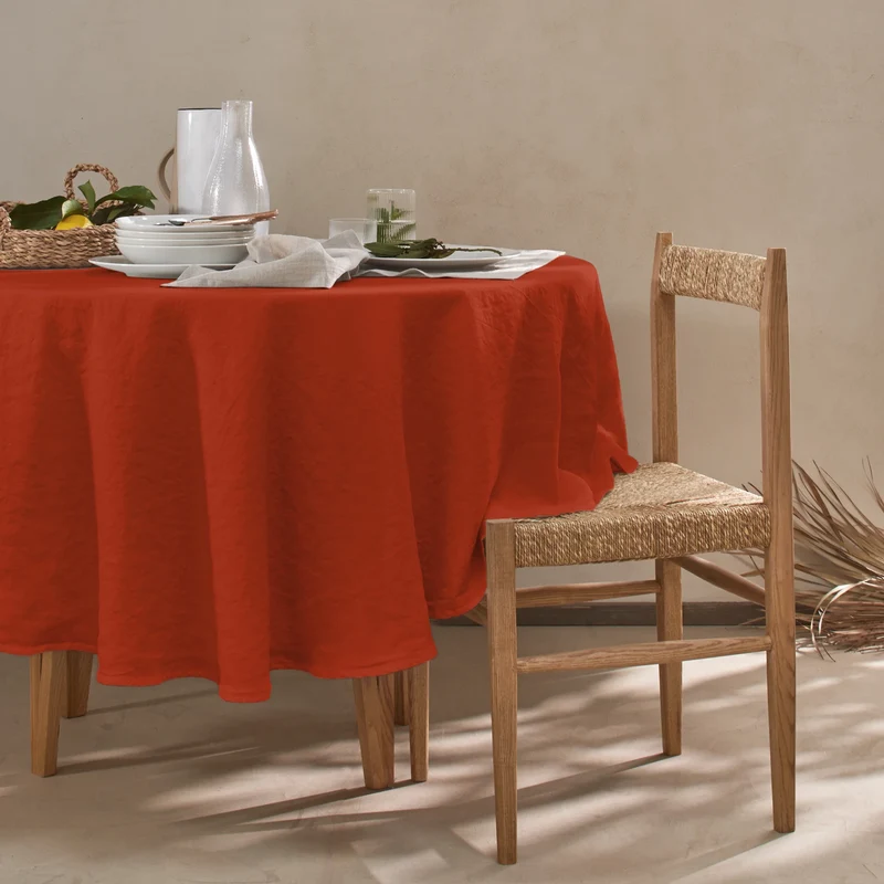 Mantel redondo de lino lavado coral
