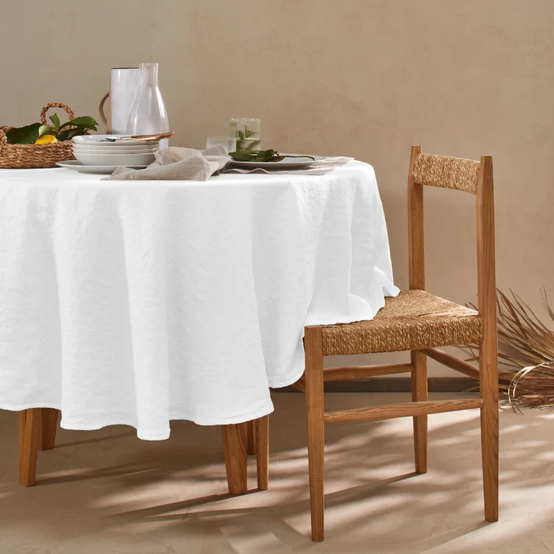Mantel redondo de lino lavado blanco óptico