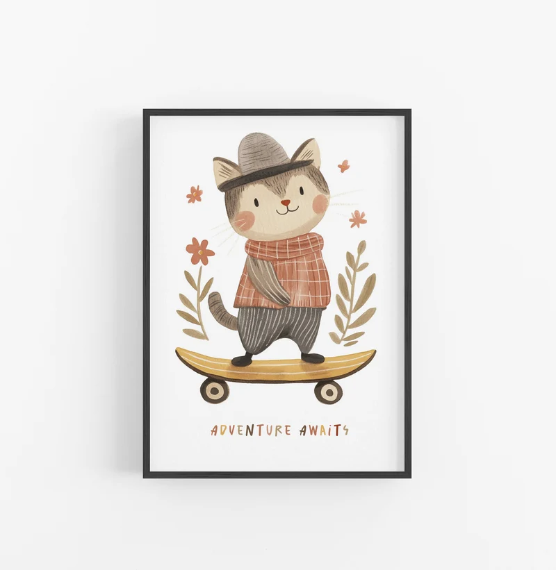 Cuadro Mapache Monopatin Ilustracion Vintage Ocre Terracota
