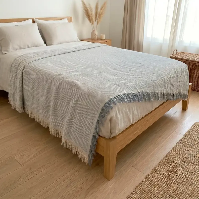 Colcha de Verano Multiusos Algodón Azul con Flecos
