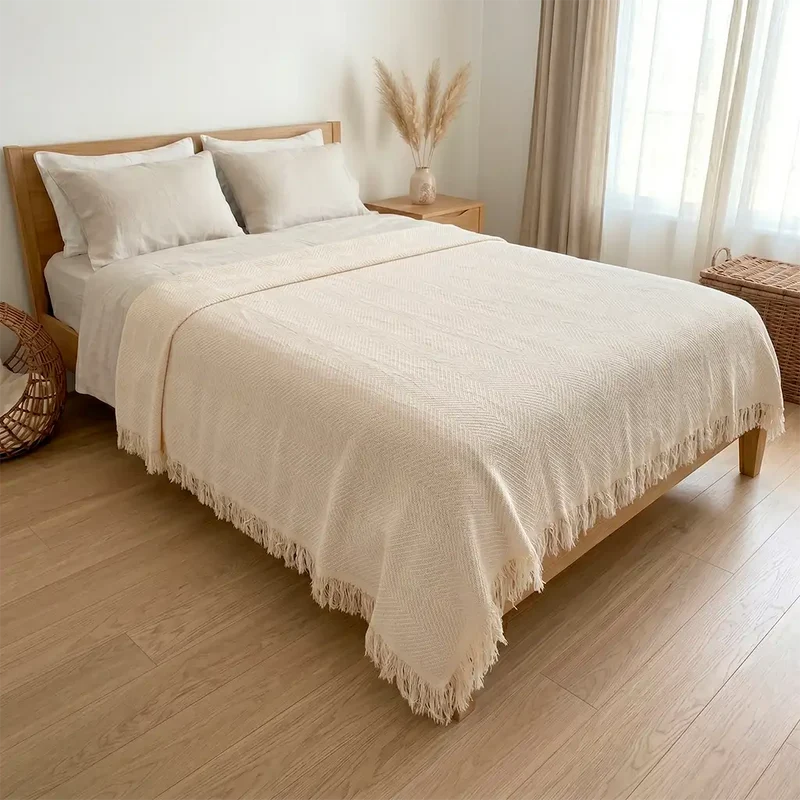 Colcha de Verano Multiusos Algodón Blanco Roto con Flecos